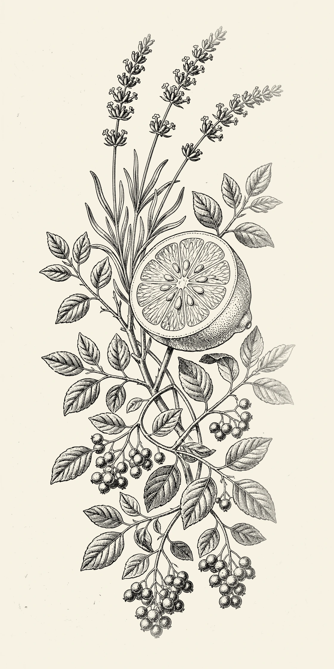 Engraved lavender, lemon and berry botanical illustration