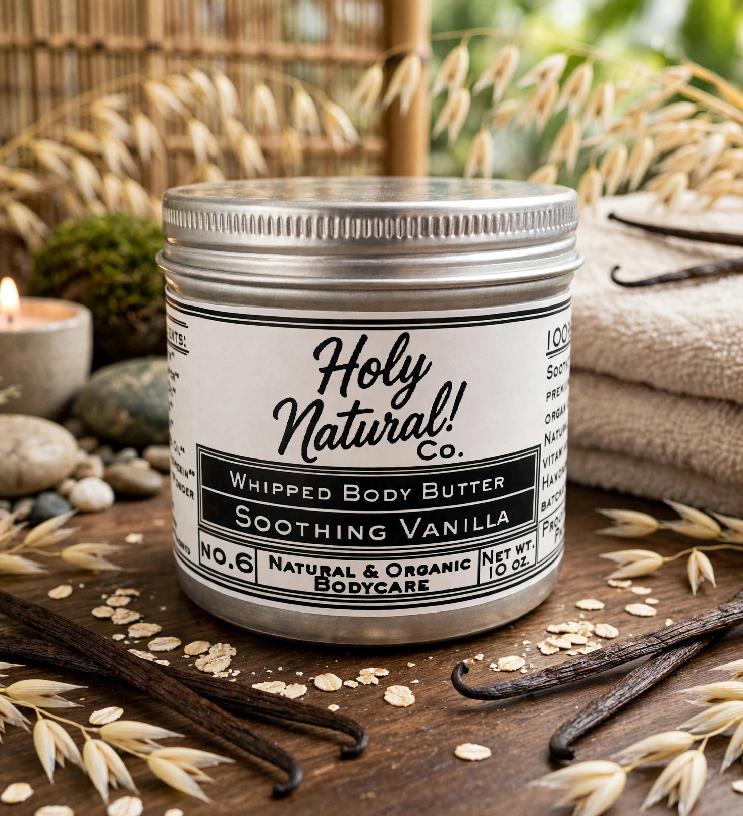 Soothing Vanilla Oatmeal Body Butter jar with vanilla beans and oats